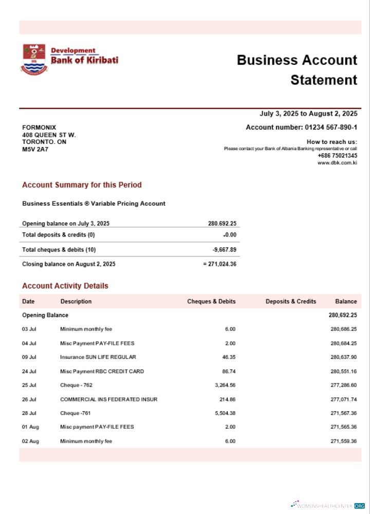 Download Development Bank of Kiribati firm account statement Word and PDF template (1) Photoshop template